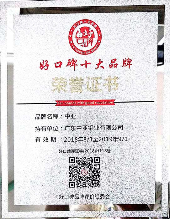 工業(yè)鋁型材定制開(kāi)模榮譽(yù)證書-好口碑十大品牌